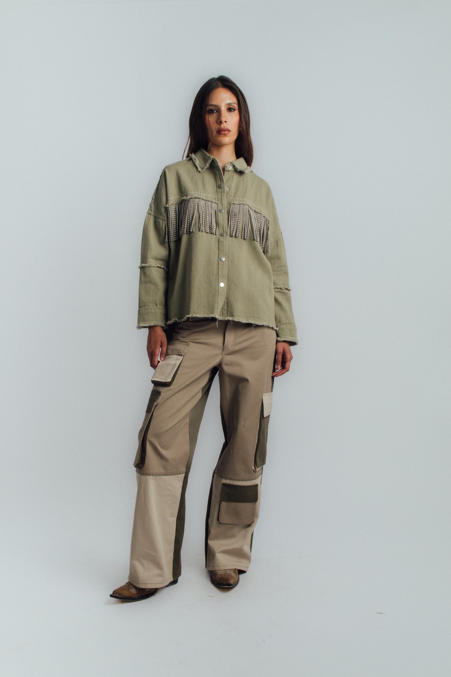 Green color-block cargo pants