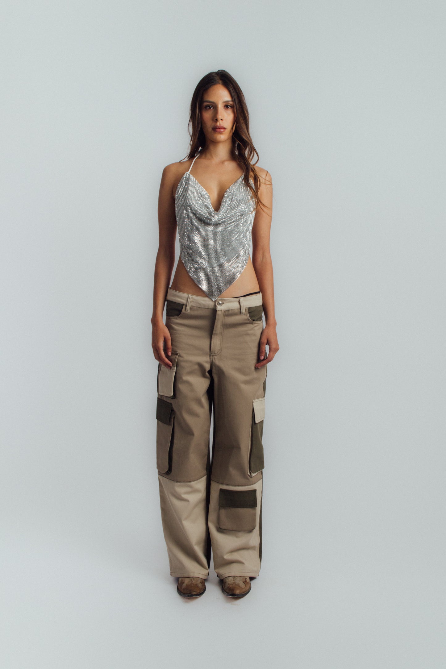 Green color-block cargo pants
