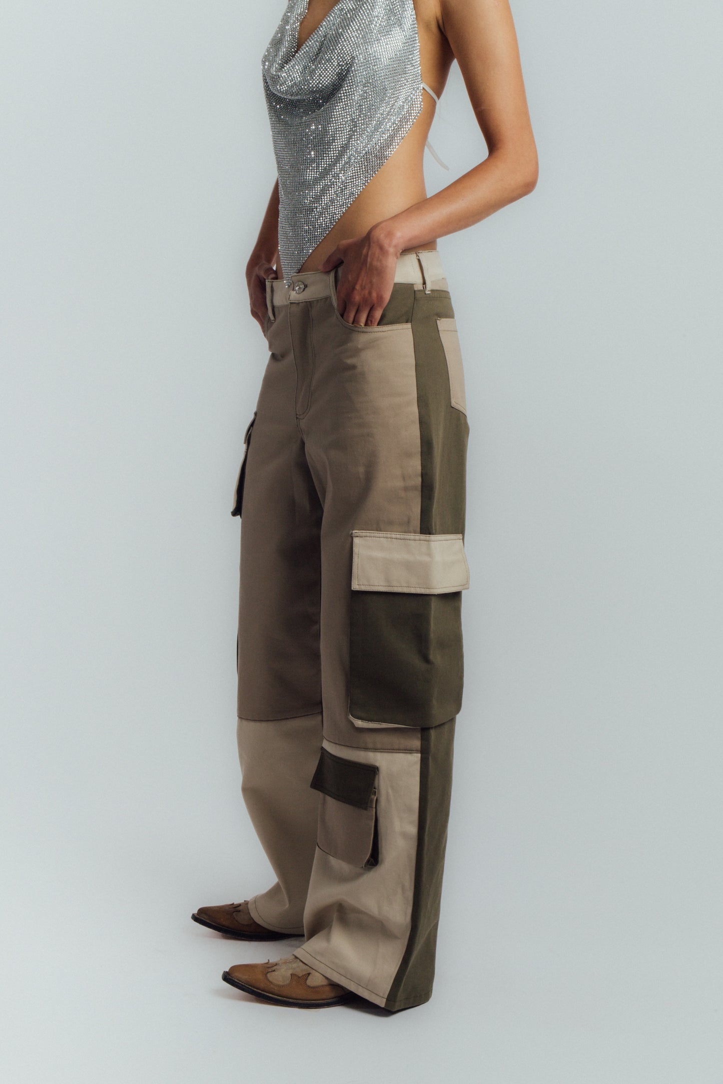 Green color-block cargo pants