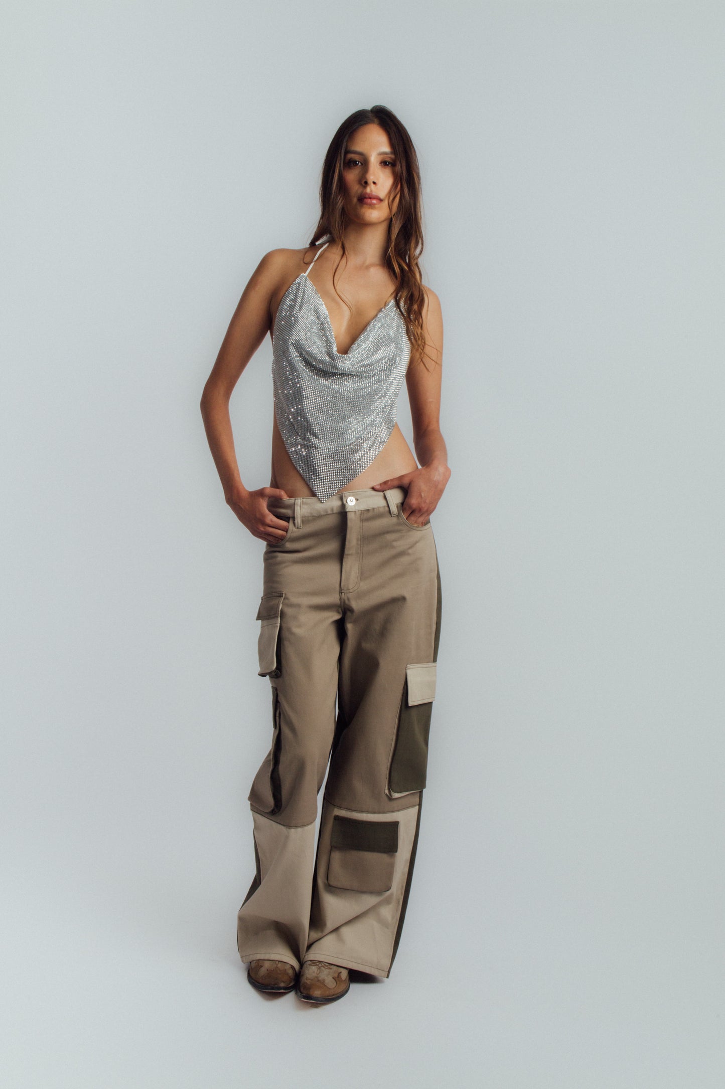 Green color-block cargo pants