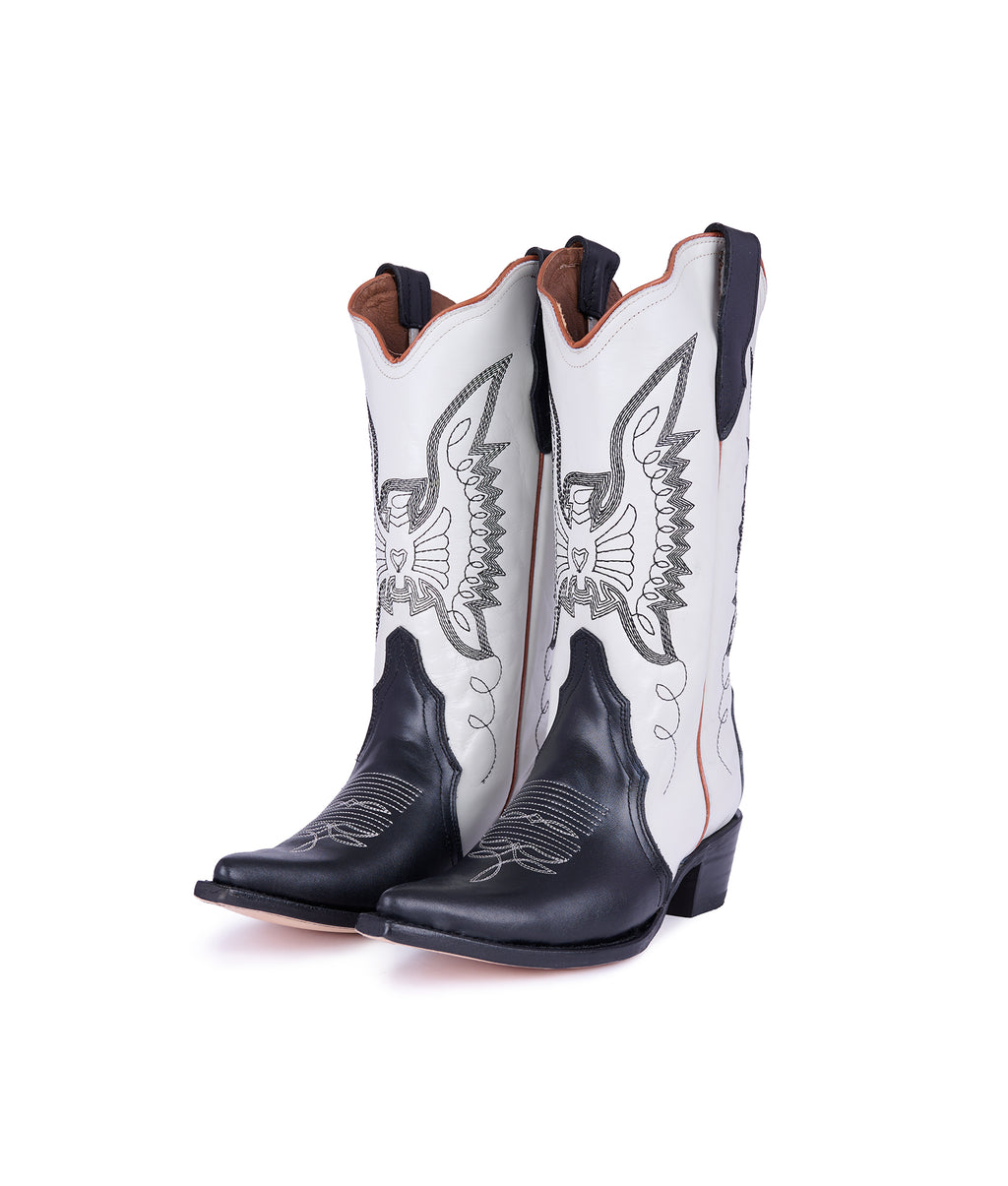 Botas Jornada dúo hueso y negro – botas vaqueras de piel para mujer, Montserrat Messeguer
