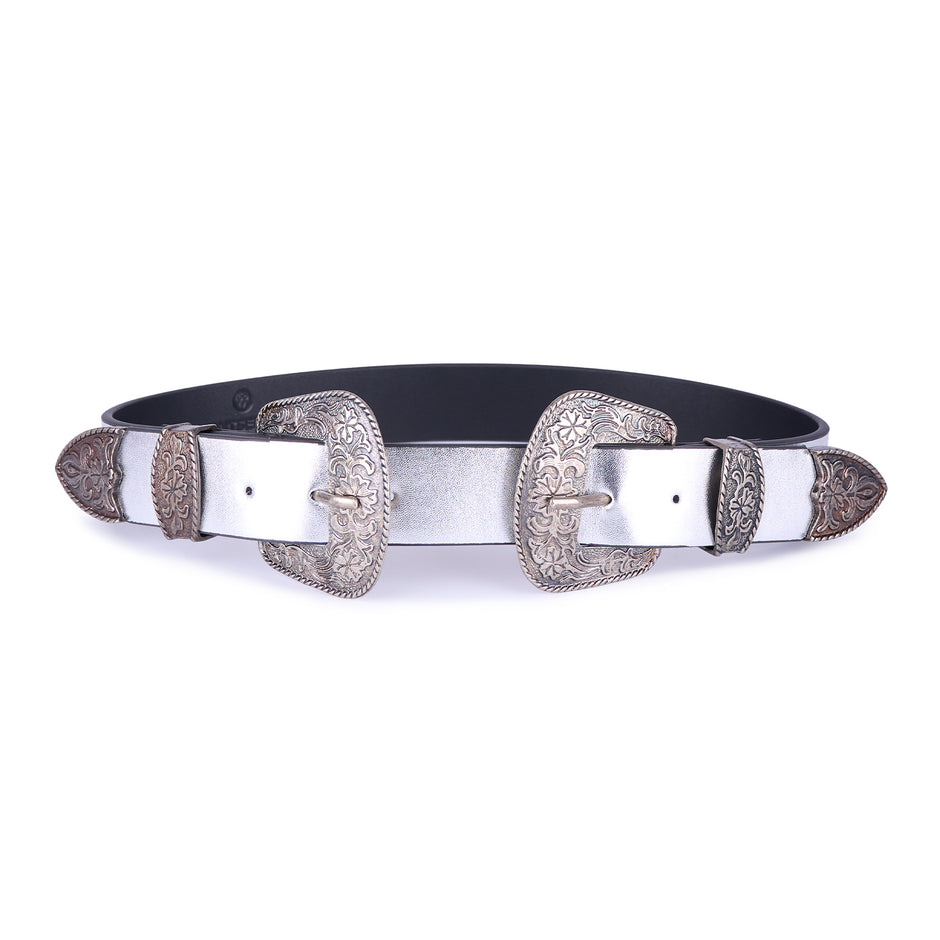 Cinturón doble hebilla vinil plata