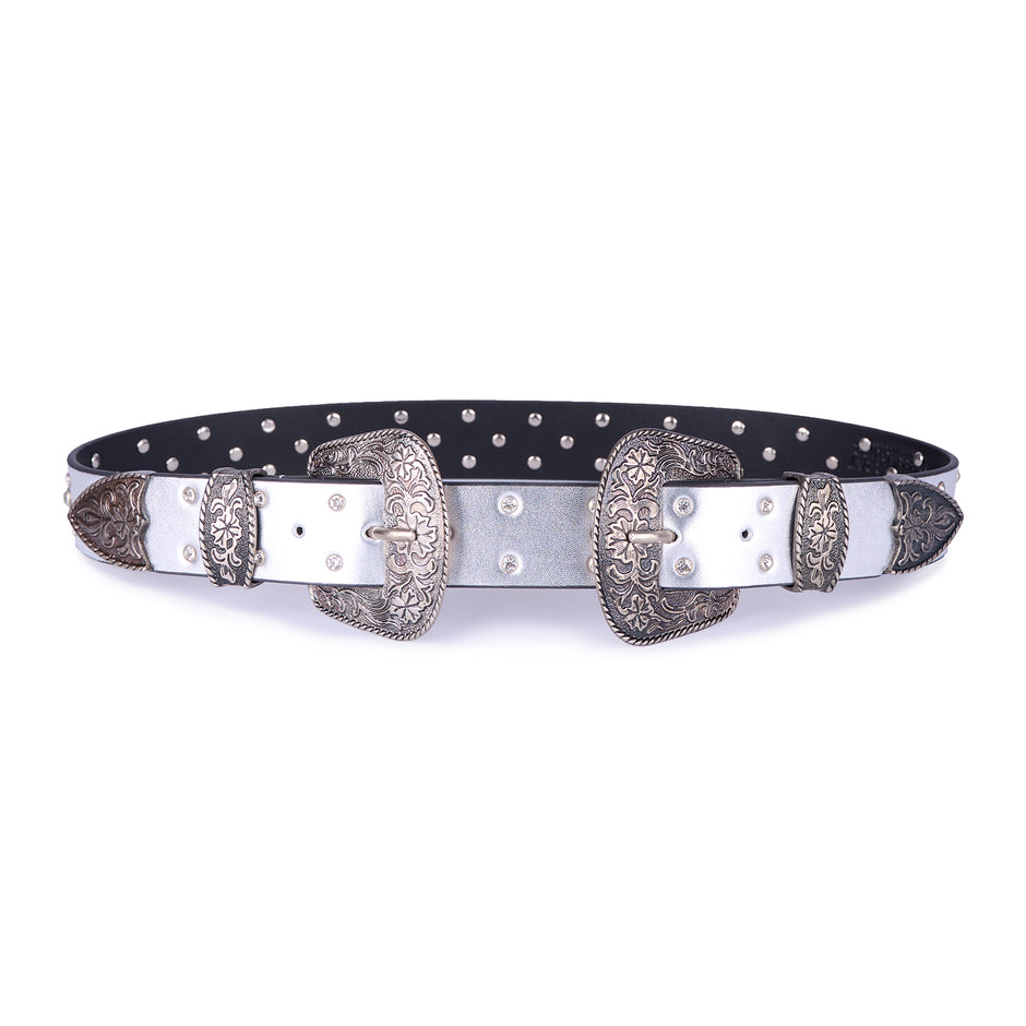 Cinturón de vinil doble hebilla silver sparkly