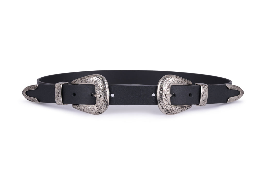Skinny black double buckle leather belt