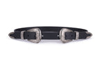 Skinny black double buckle leather belt