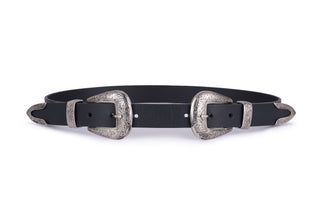 Cinturón de piel doble hebilla skinny negro