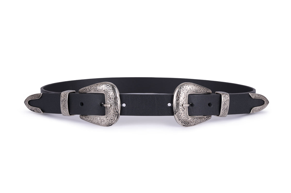 Skinny black double buckle leather belt