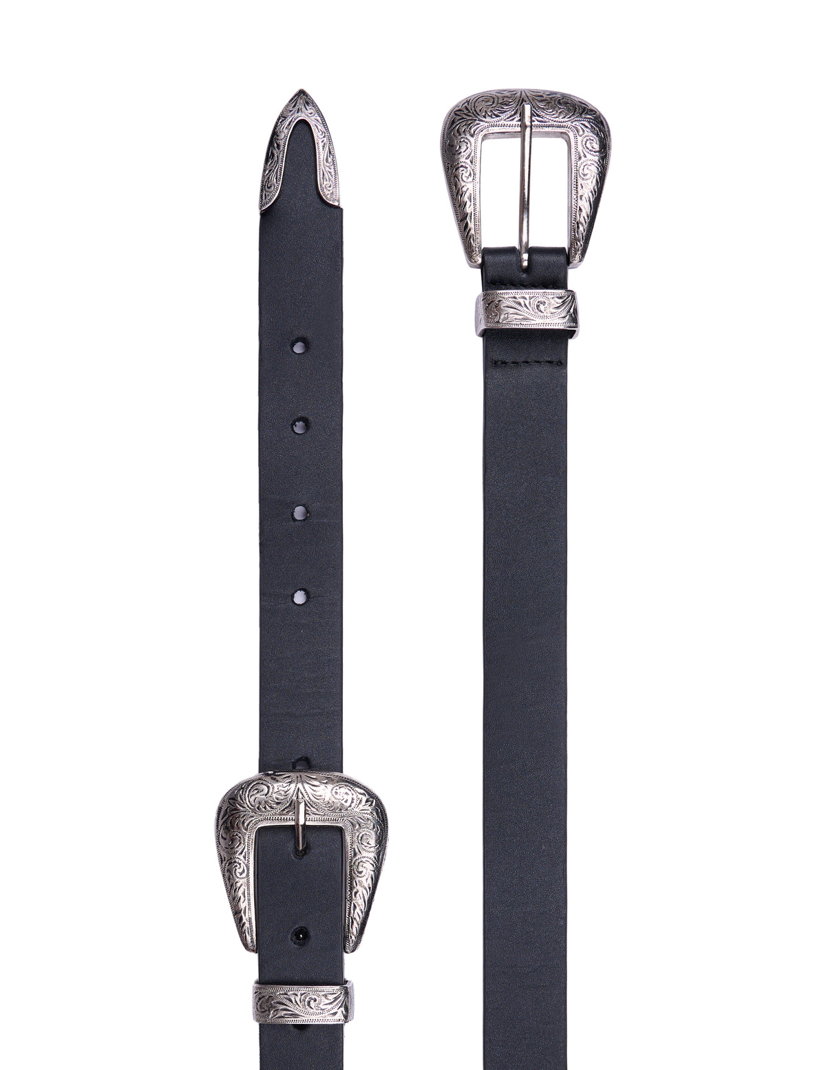 Skinny black double buckle leather belt