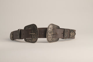 Double buckle chocolate leather belt