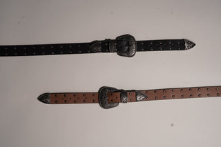 Double buckle leather belt with rivets
