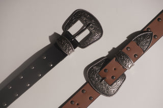 Double buckle leather belt with rivets