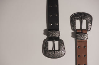 Double buckle leather belt with rivets