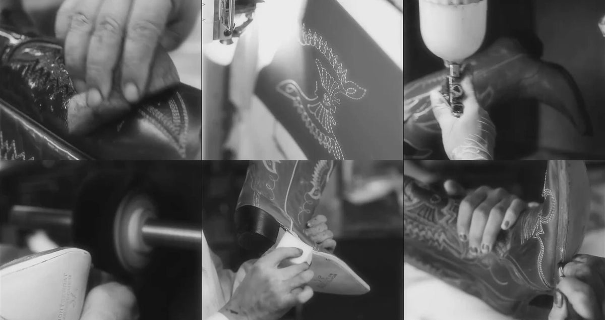 Collage of artisans cutting, stitching and polishing boots, in black and white