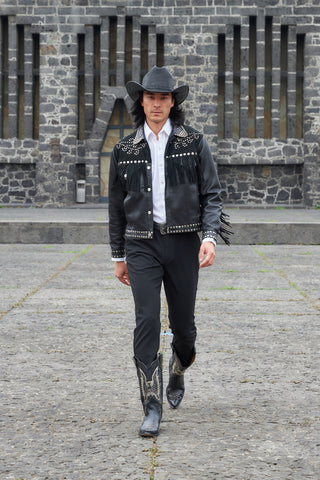 Men's black leather jacket with studs