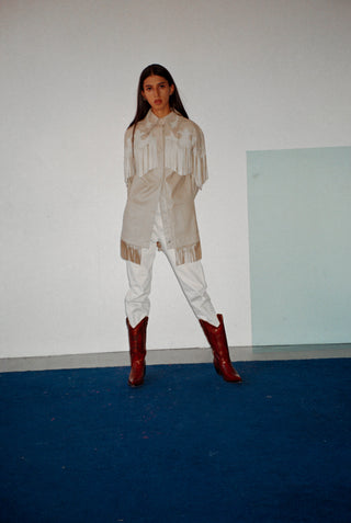 Cream-colored leather camisole with oyster-colored details.