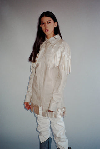 Cream-colored leather camisole with oyster-colored details.