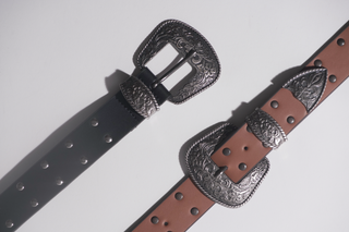 Black double buckle vinyl belt with rivets